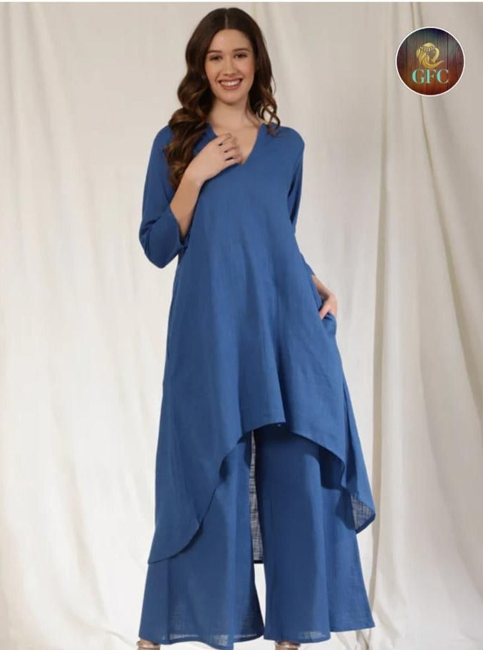 Slub Cotton High-Low Kurta Set With Flared Palazzo