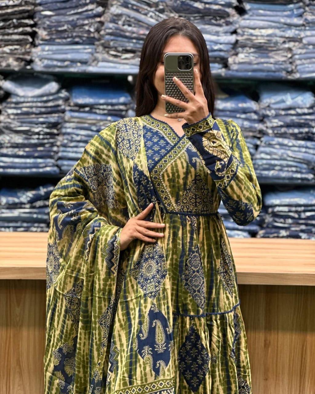 Green beautiful cotton anarkali kurta set angrakha style
