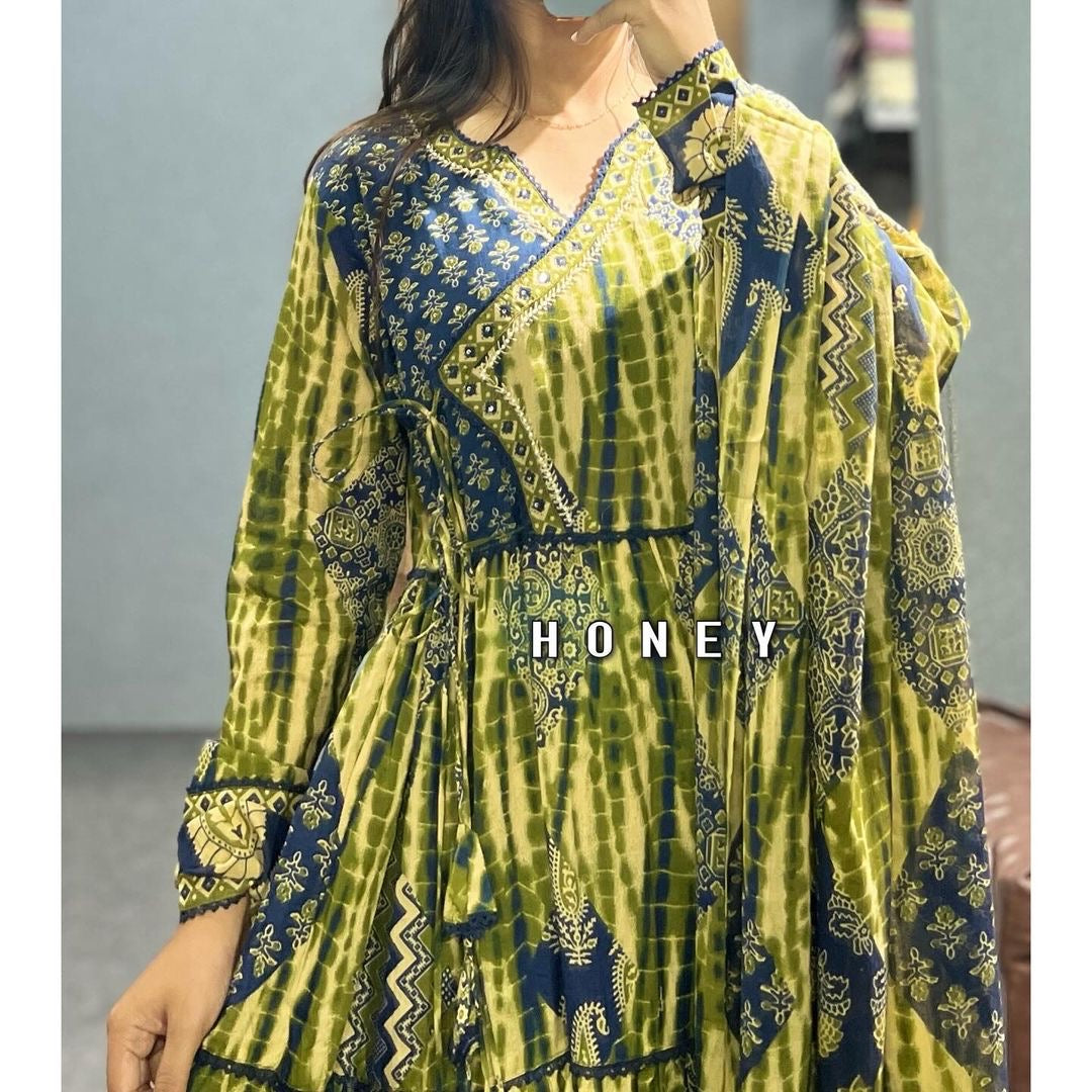 Green beautiful cotton anarkali kurta set angrakha style