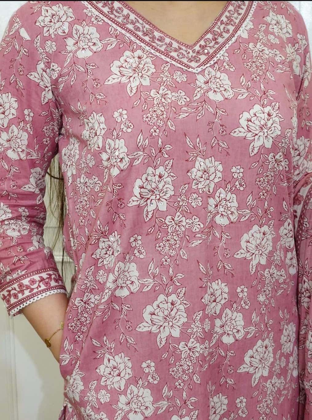 Floral Cotton Kurta Set with Matching Pants & Dupatta
