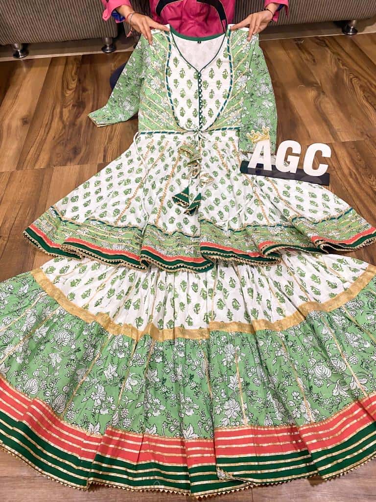 Green Bandani & Block Combo Jacket With Peplum & Sharara Set