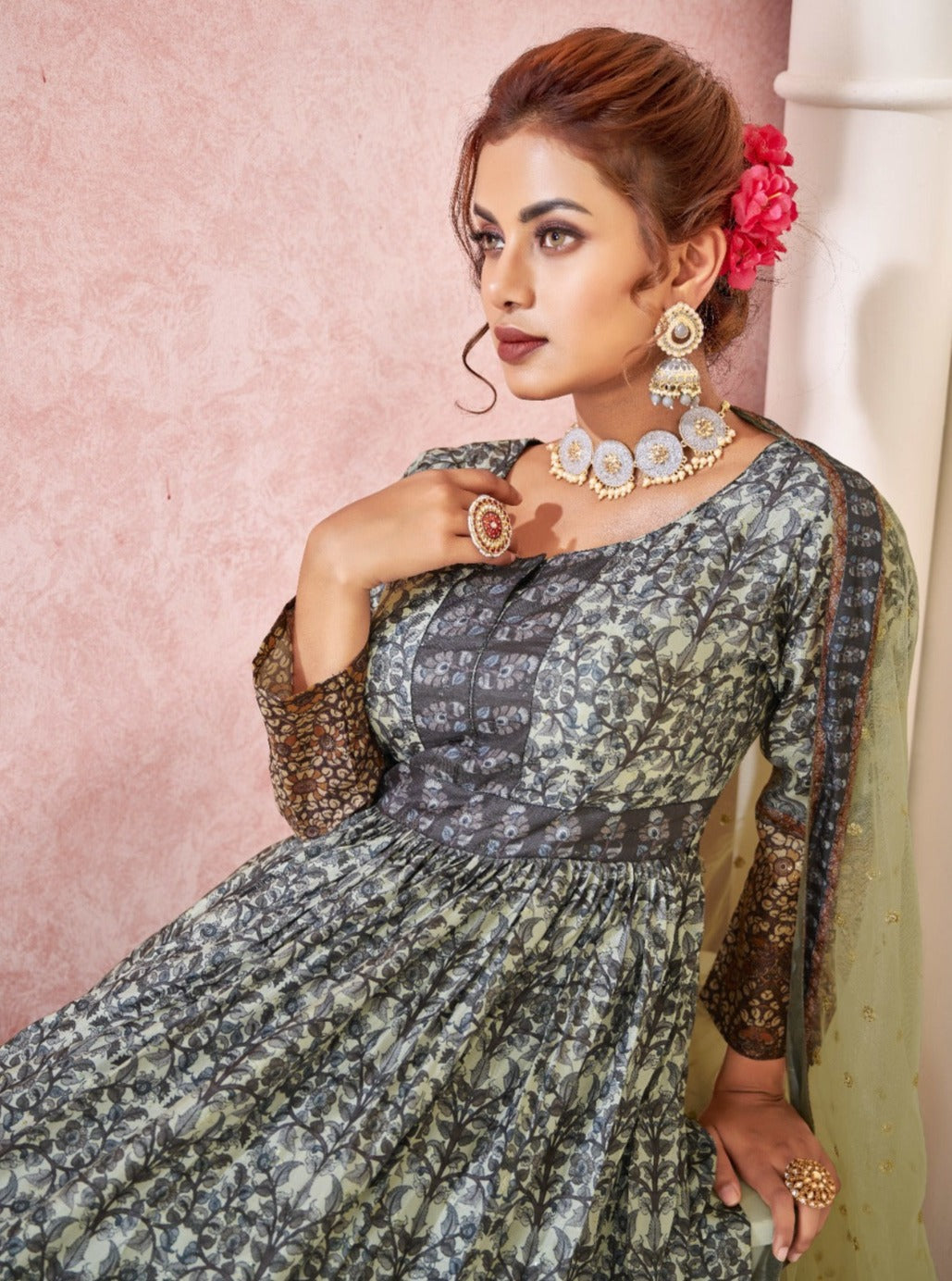 Royal Print Floor Length Gown With Soft Net Dupatta