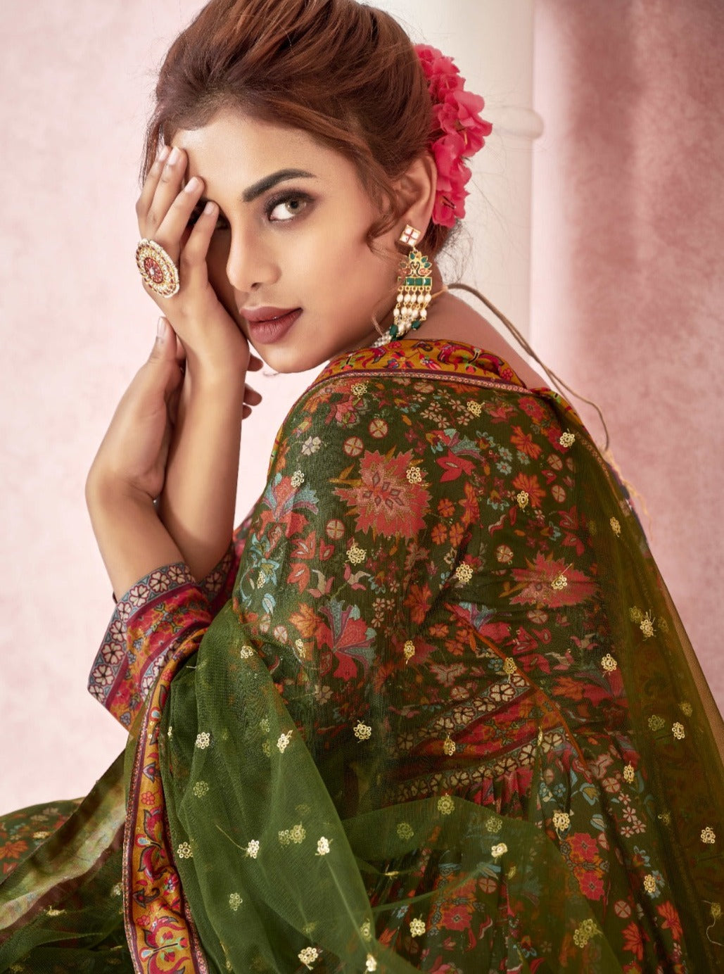 Royal Print Floor Length Gown With Soft Net Dupatta