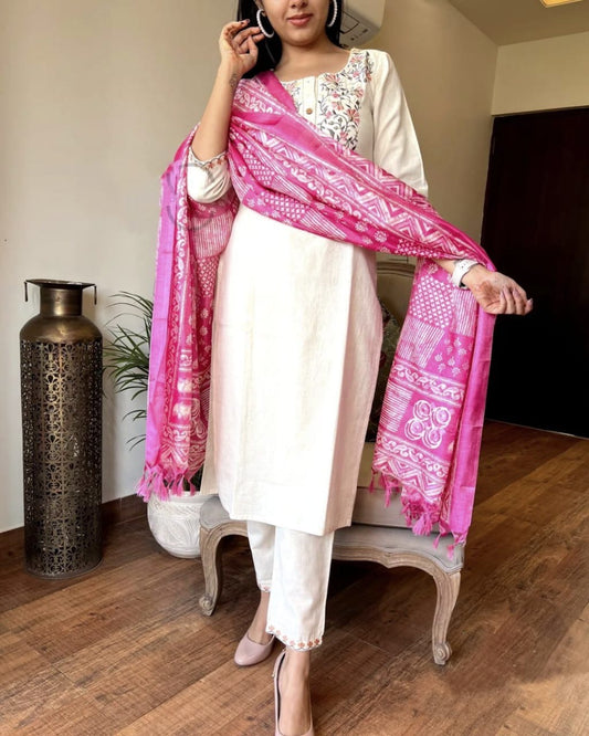 Khaadi Cotton Embroidered Kurta Pant And Dupatta Set