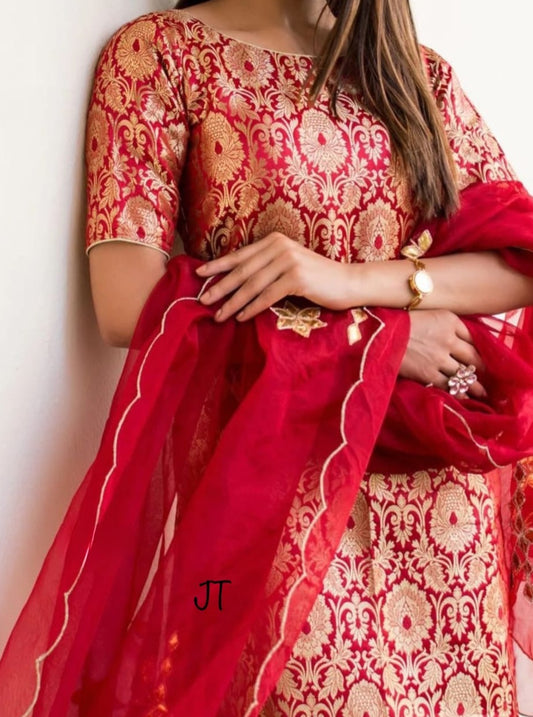Red Banarasi Brocade Suit Set With Gota Patti Work