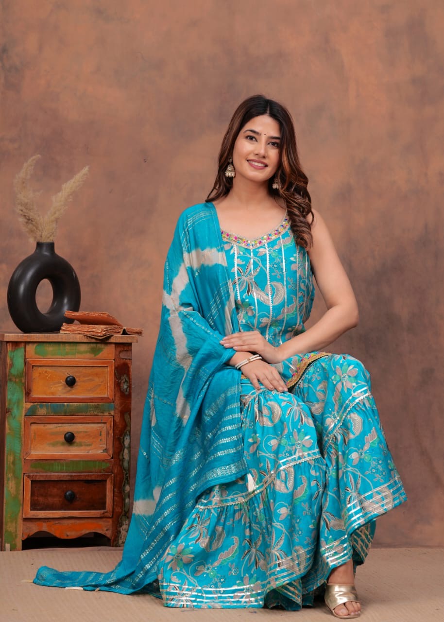 Beautiful umbrella style kurti with sharara and dupatta set