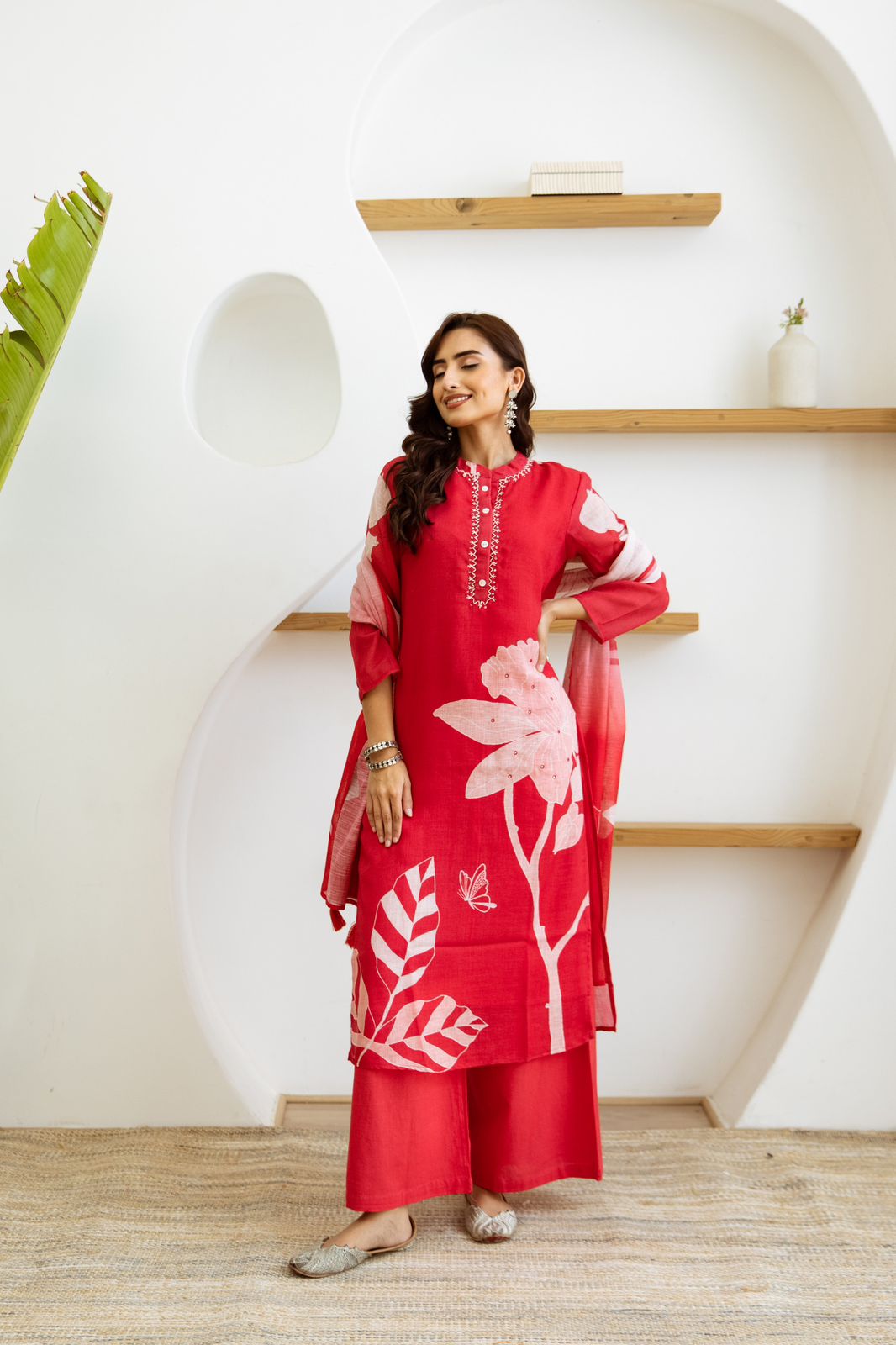 Women Red Pure Silk Kurti Pant Dupatta Set