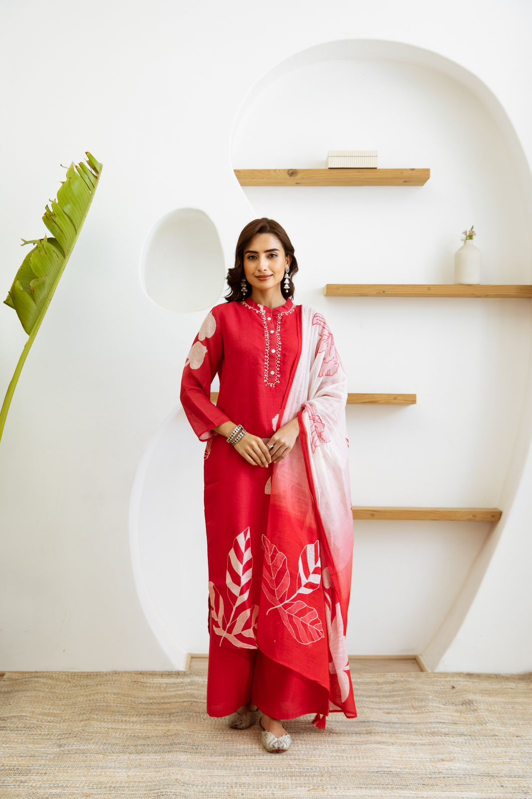 Women Red Pure Silk Kurti Pant Dupatta Set