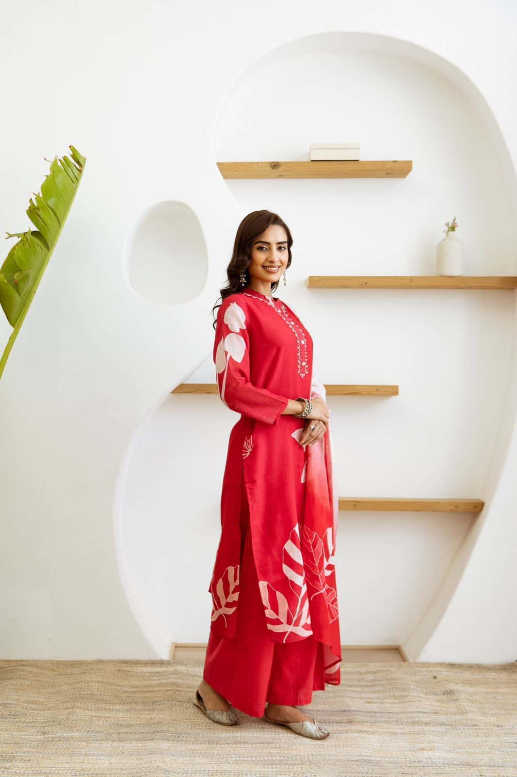 Women Red Pure Silk Kurti Pant Dupatta Set