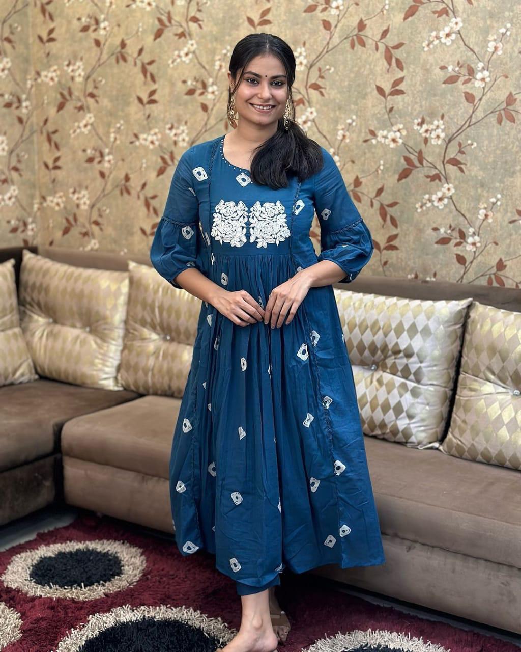 Stylish long slit embroidered kurti pant set