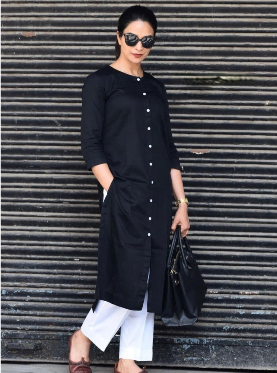 Formal Office Wear Black And White Jam Cotton Classy Kurta Set