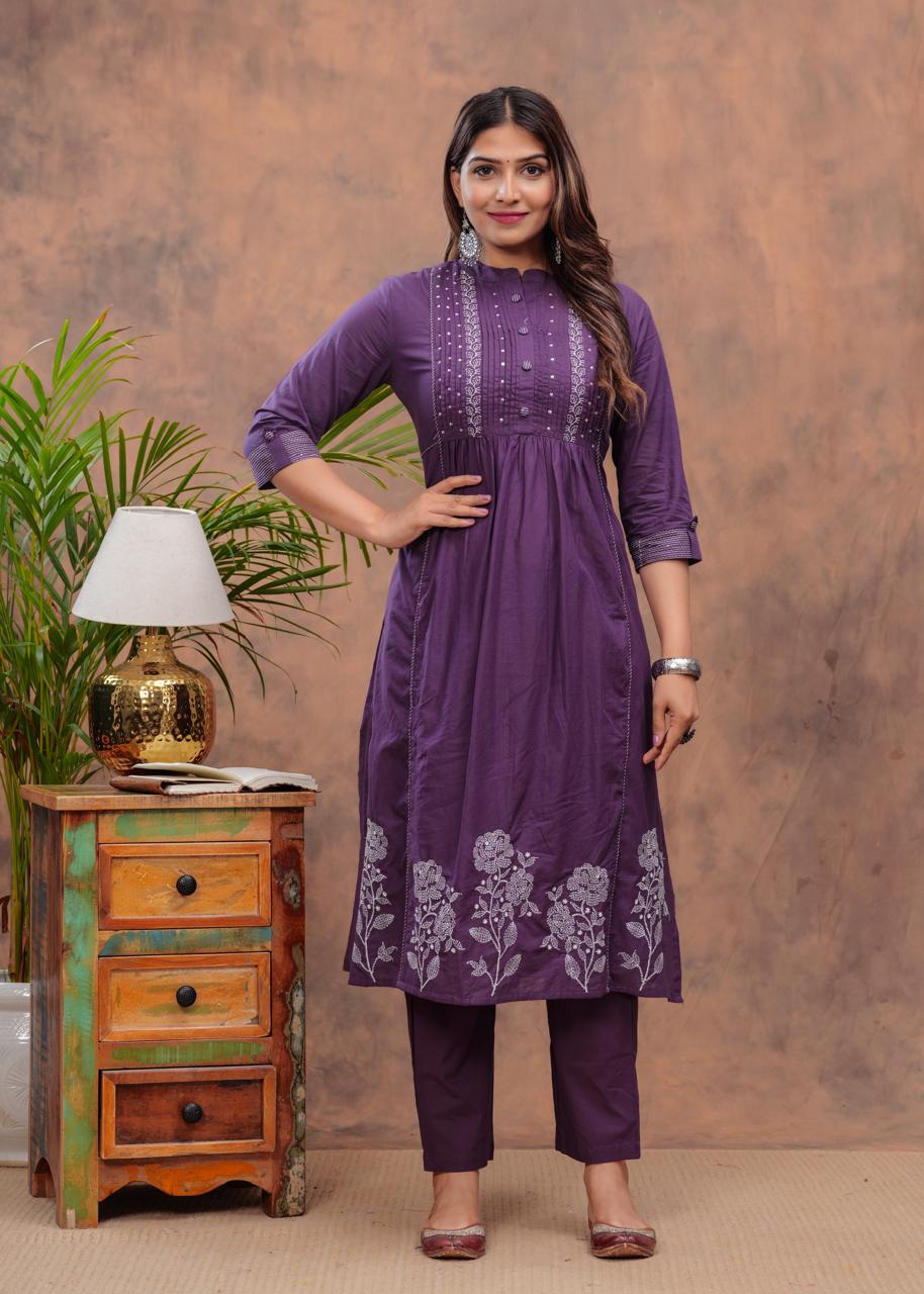 Women Navy blue Printed Straight Kurta Suit Set