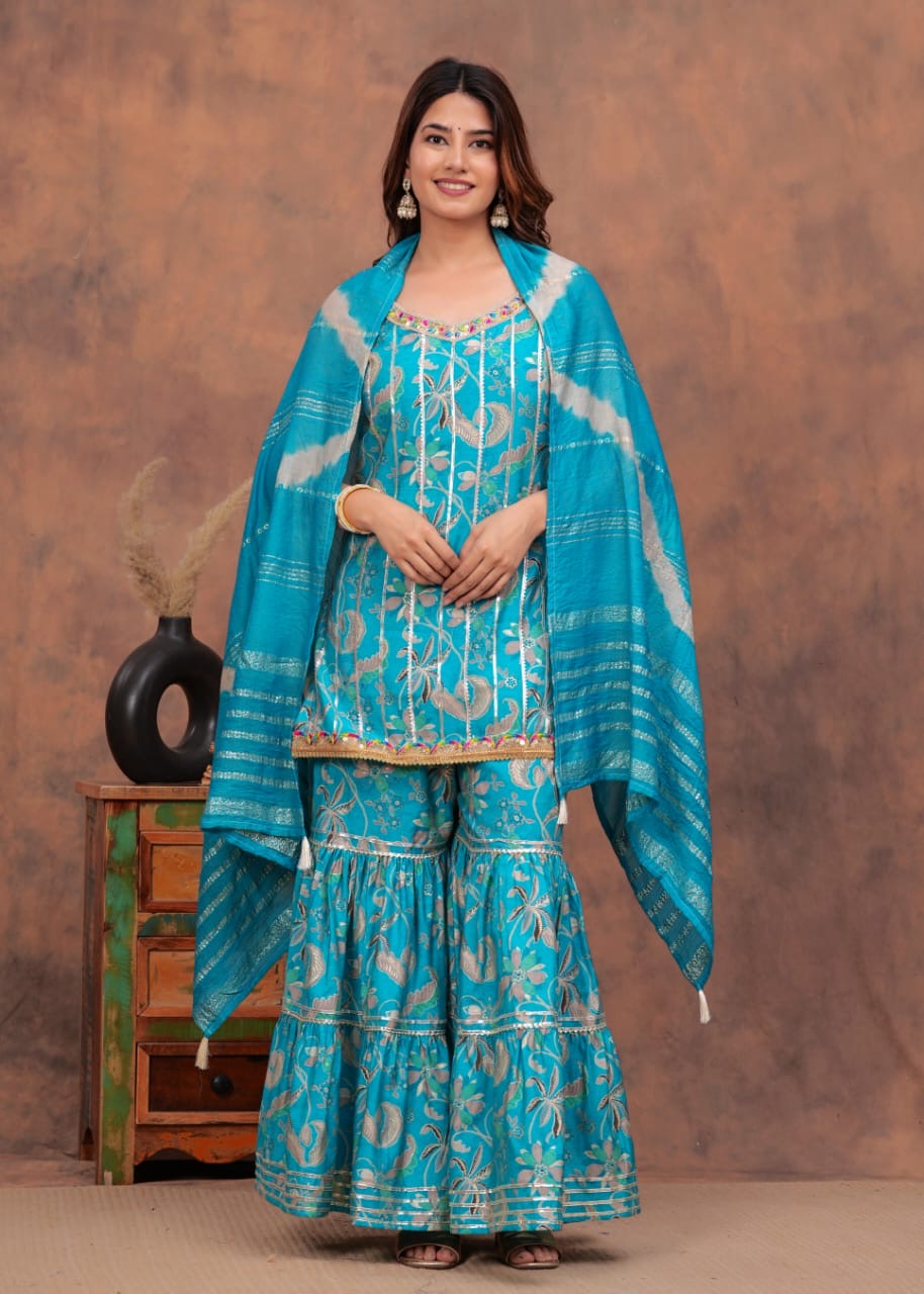 Beautiful umbrella style kurti with sharara and dupatta set