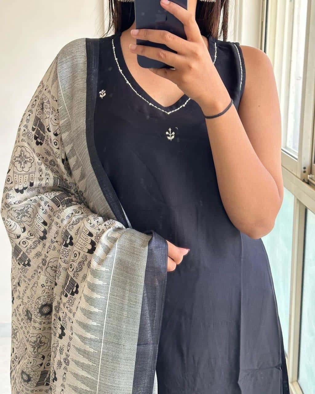 Cotton slub sleeveless kurti plazzo and dupatta set
