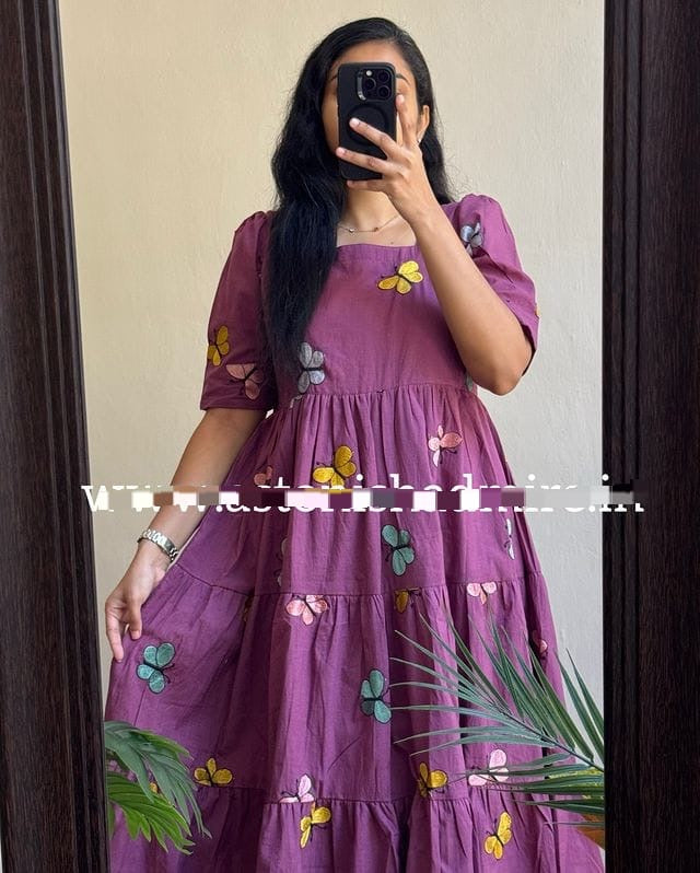 Purple embroidered butterfly Midi with stylish puff sleeves