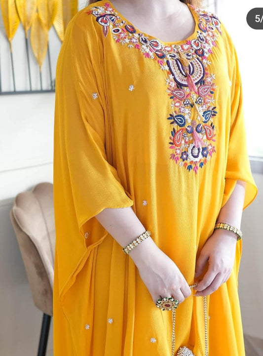 Sequence embroidery work rayon fabric kaftaan pant set