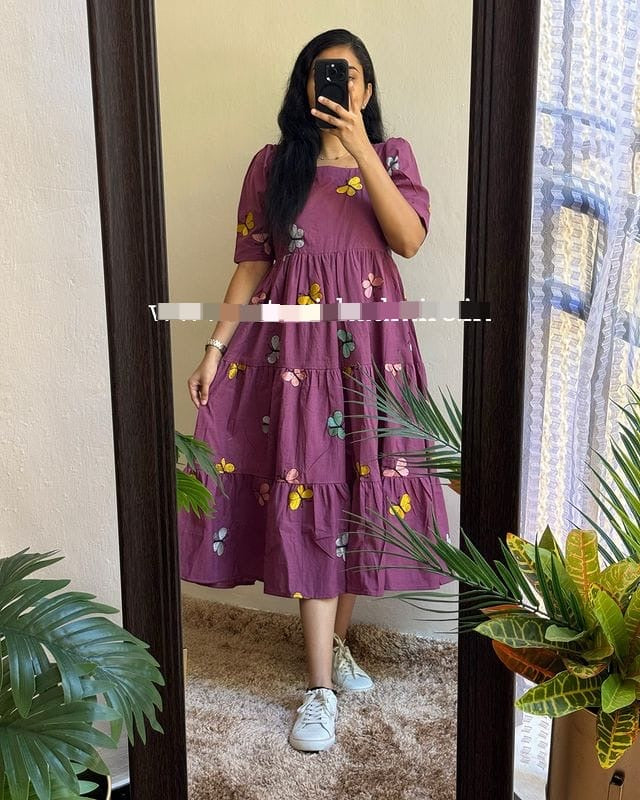 Purple embroidered butterfly Midi with stylish puff sleeves