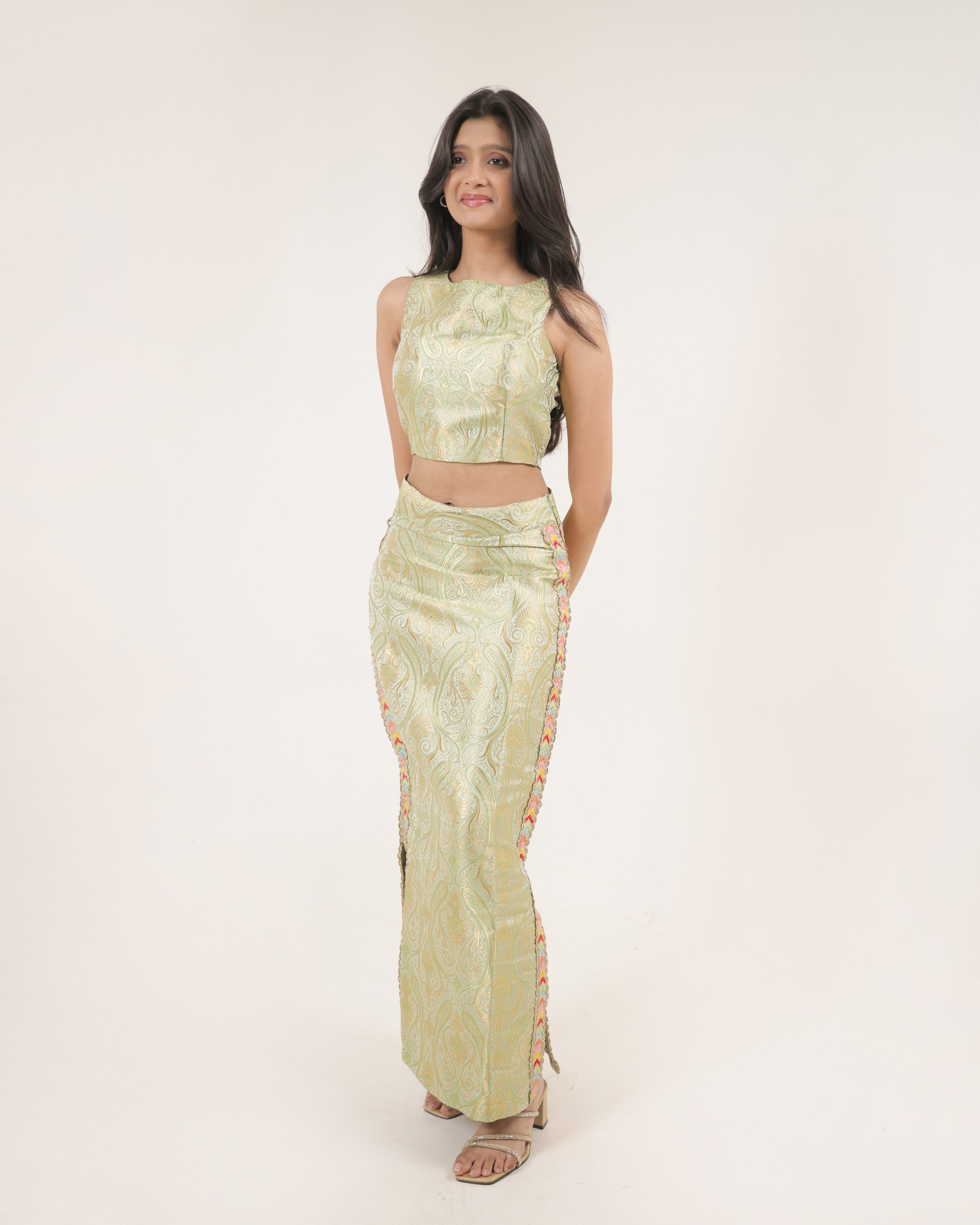 Metallic Mint Paisley Crop Top & Straight Skirt Set
