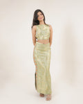 Metallic Mint Paisley Crop Top & Straight Skirt Set