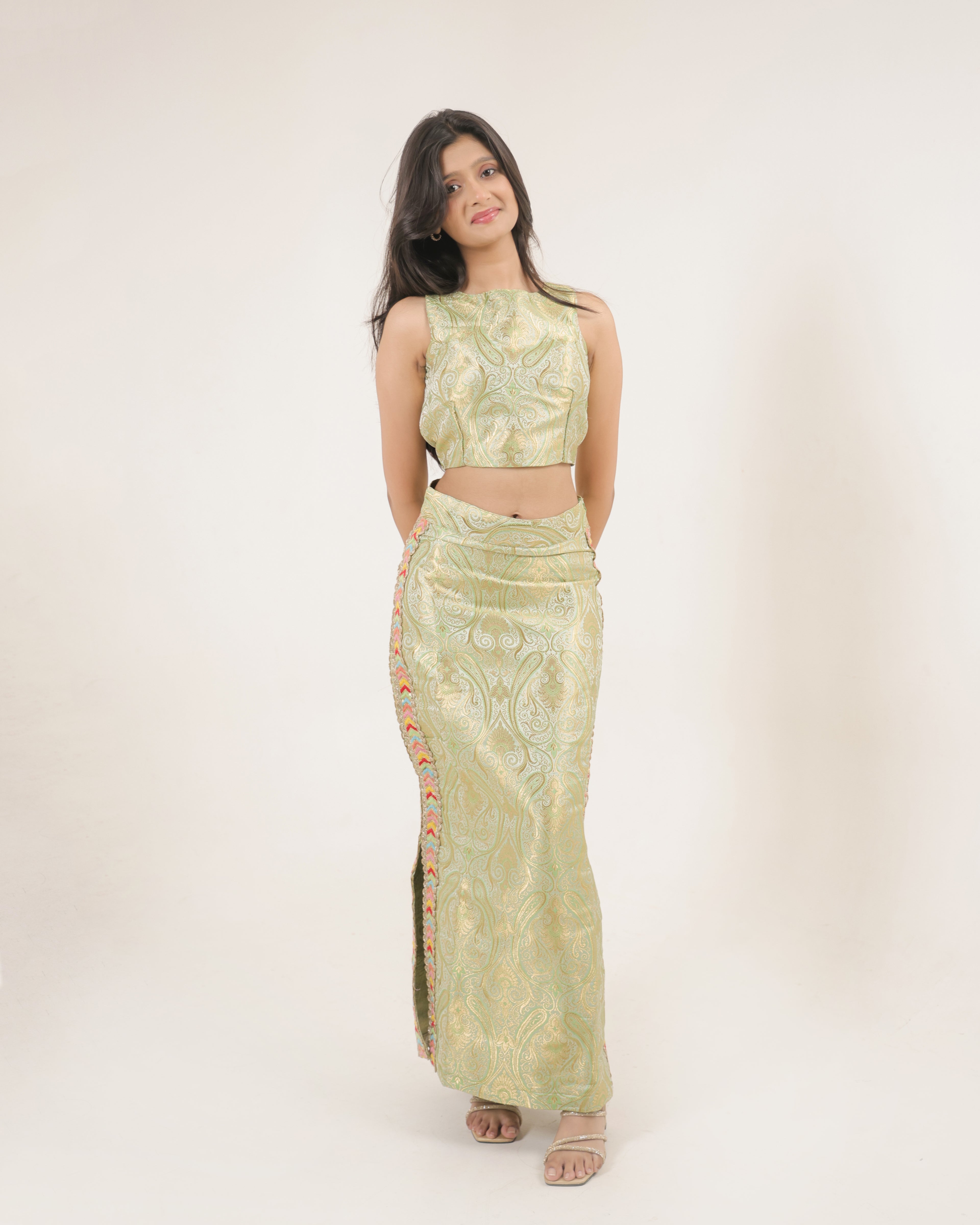Metallic Mint Paisley Crop Top & Straight Skirt Set