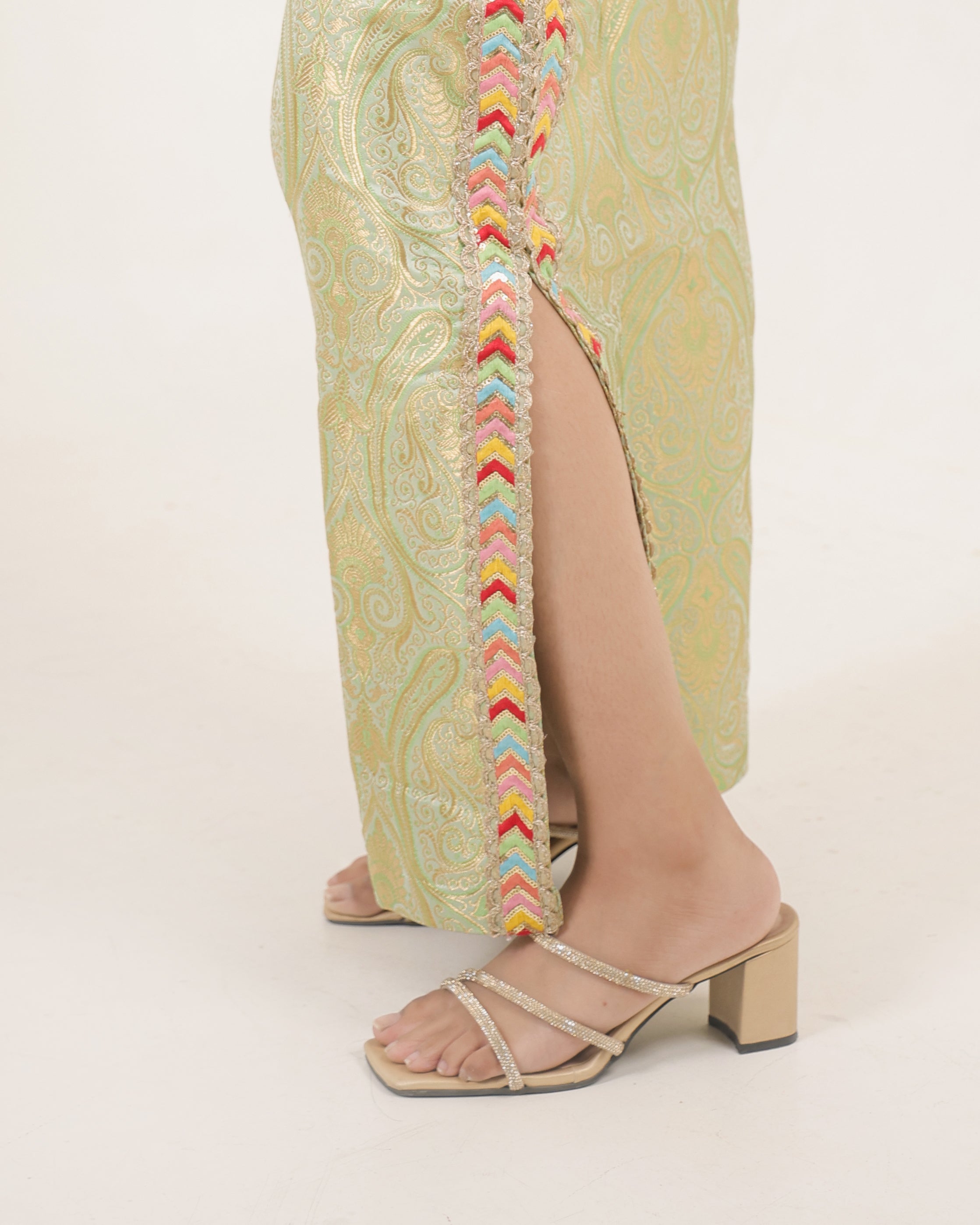 Metallic Mint Paisley Crop Top & Straight Skirt Set