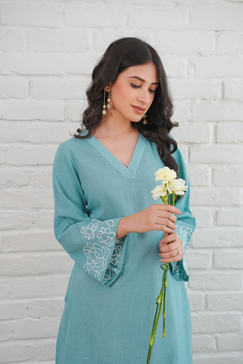 Sky Blue Pure Cotton Women Kurta Pant Set