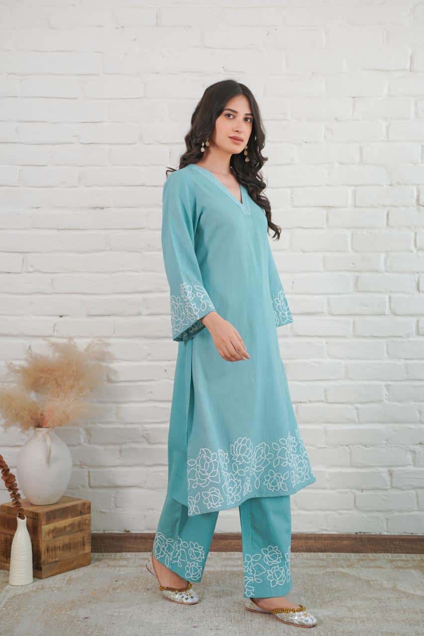 Sky Blue Pure Cotton Women Kurta Pant Set