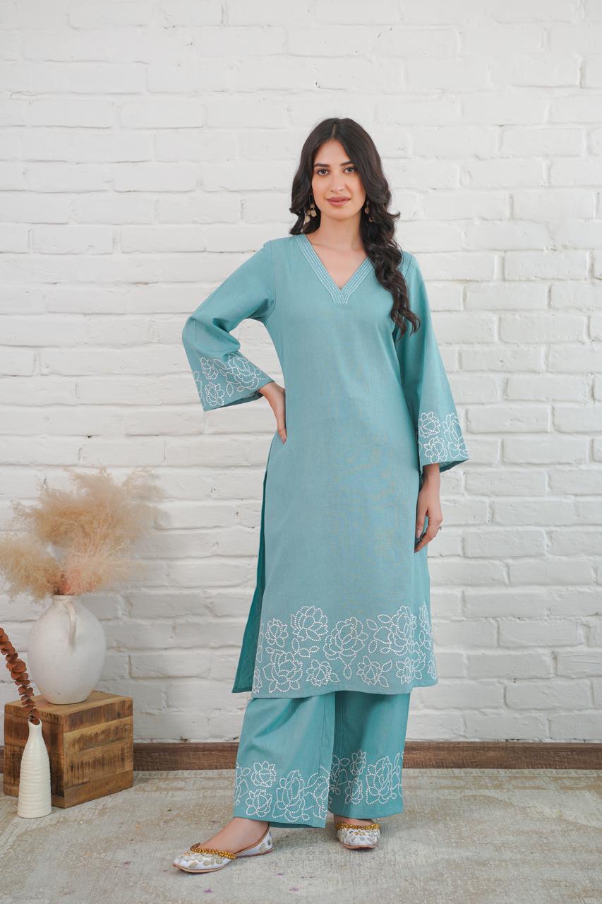 Sky Blue Pure Cotton Women Kurta Pant Set