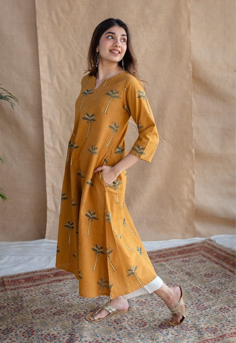Beautiful mustard cotton comfortable kurta plazzo set