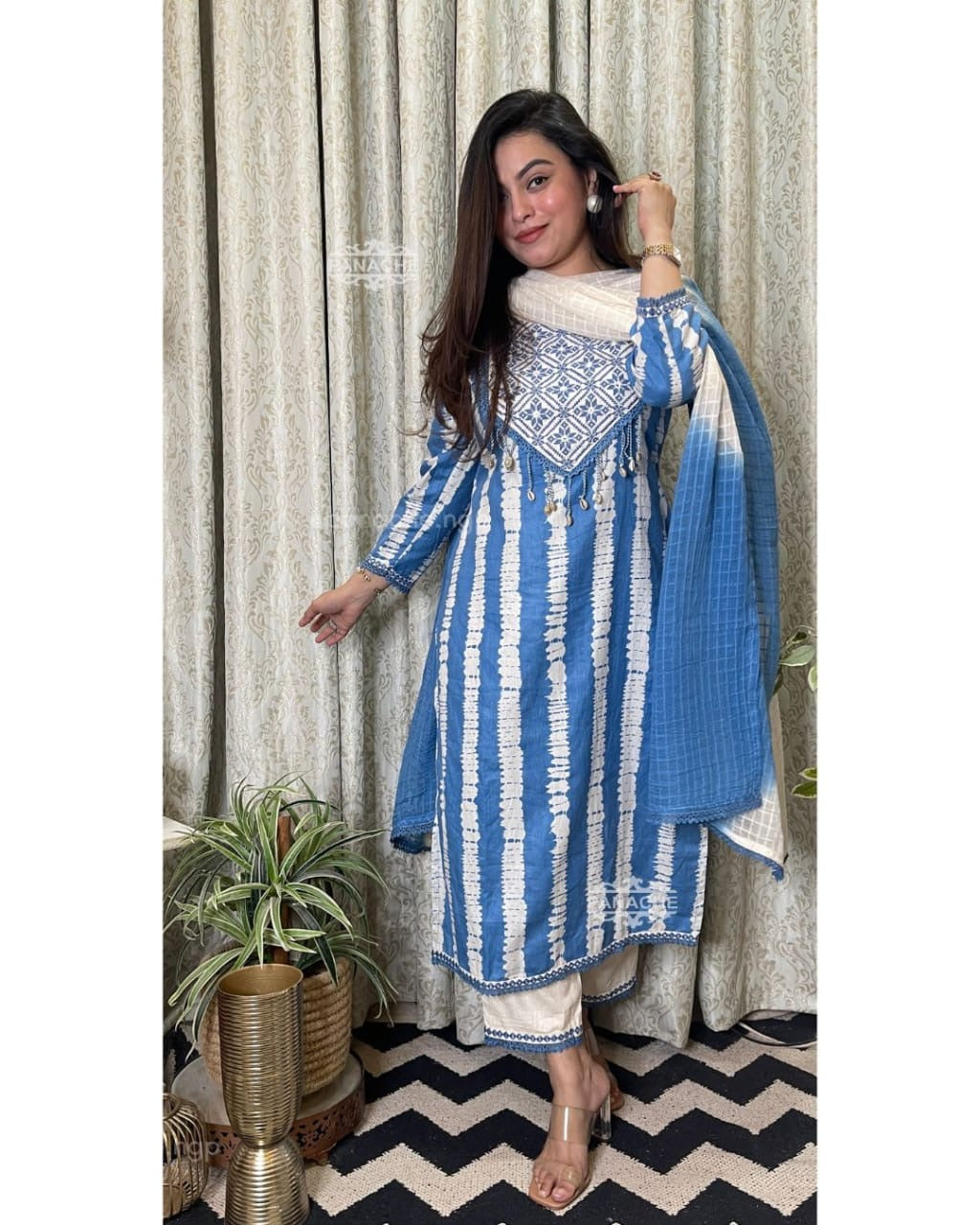 Premium Heavy Cotton Full Printed Kurti Detailed Neckline Work With Shells Or Pant Handwork & Heavy Lace With Kota doriya tye Dye Dupatta