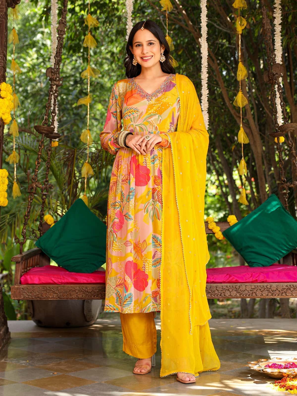 Yellow omen Embroidered PURE RUSSIAN SILK kurta set