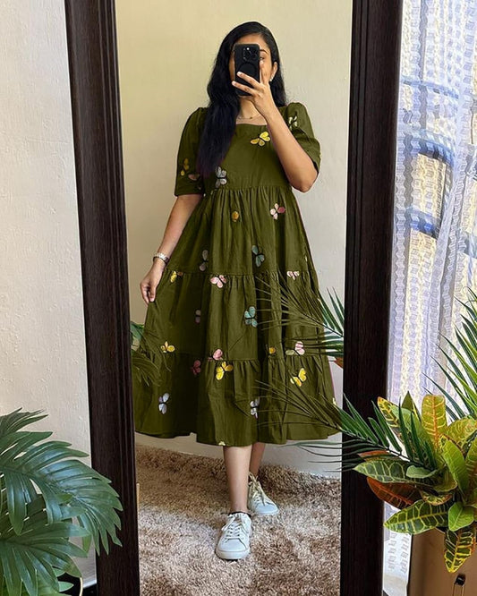 Mehendi Color Embroidered Butterfly Midi With Stylish Puff Sleeves