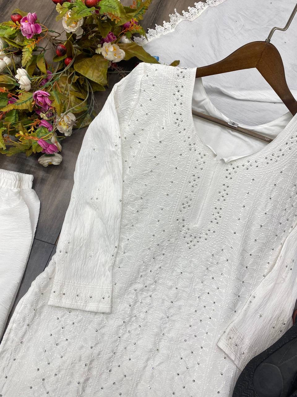 White delta fabric embellished cotton kurta plazzo dupatta set
