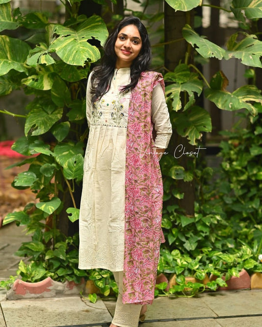 Stylish Dobby Cotton Shifli Work Kurti Pant Dupatta Set
