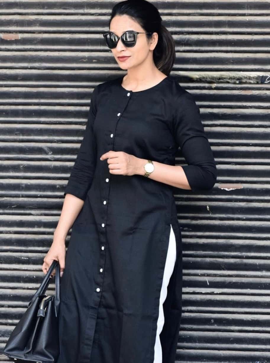 Formal Office Wear Black And White Jam Cotton Classy Kurta Set