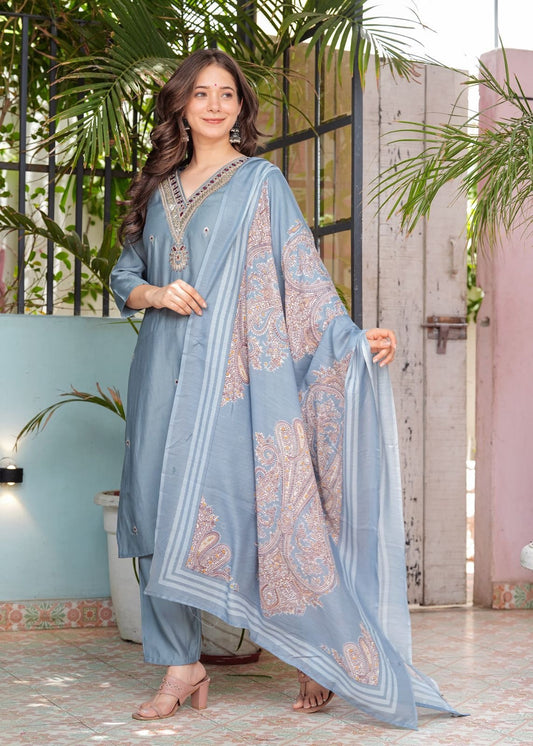 Beautiful Roman Modal Silk Kurti With Classy Comfort Pant And Silk Printed Dupatta