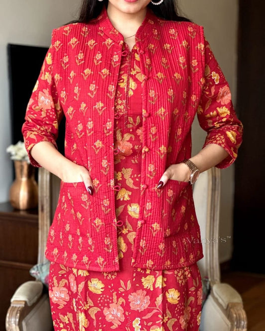 Red Kurti Pant Set With Quilted Cotton Jacket