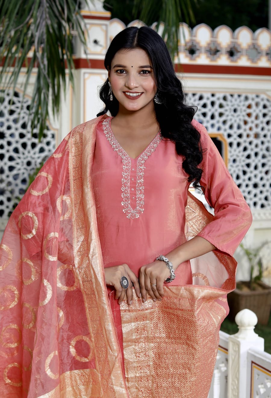 Roman silk fabric kurti pant with aster handwork and banarsi dupatta