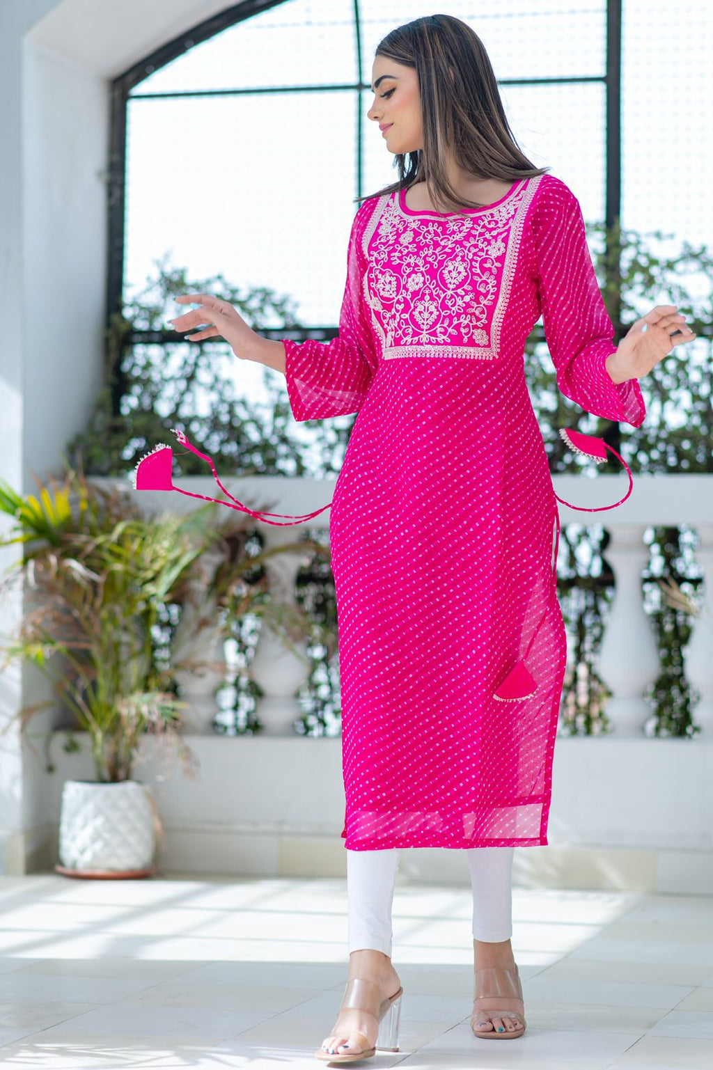 Georgette Leheriya Kurti Mothda Print Women’S Kurta With Tassels