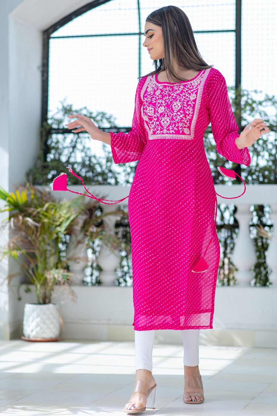 Georgette Leheriya Kurti Mothda Print Women’S Kurta With Tassels