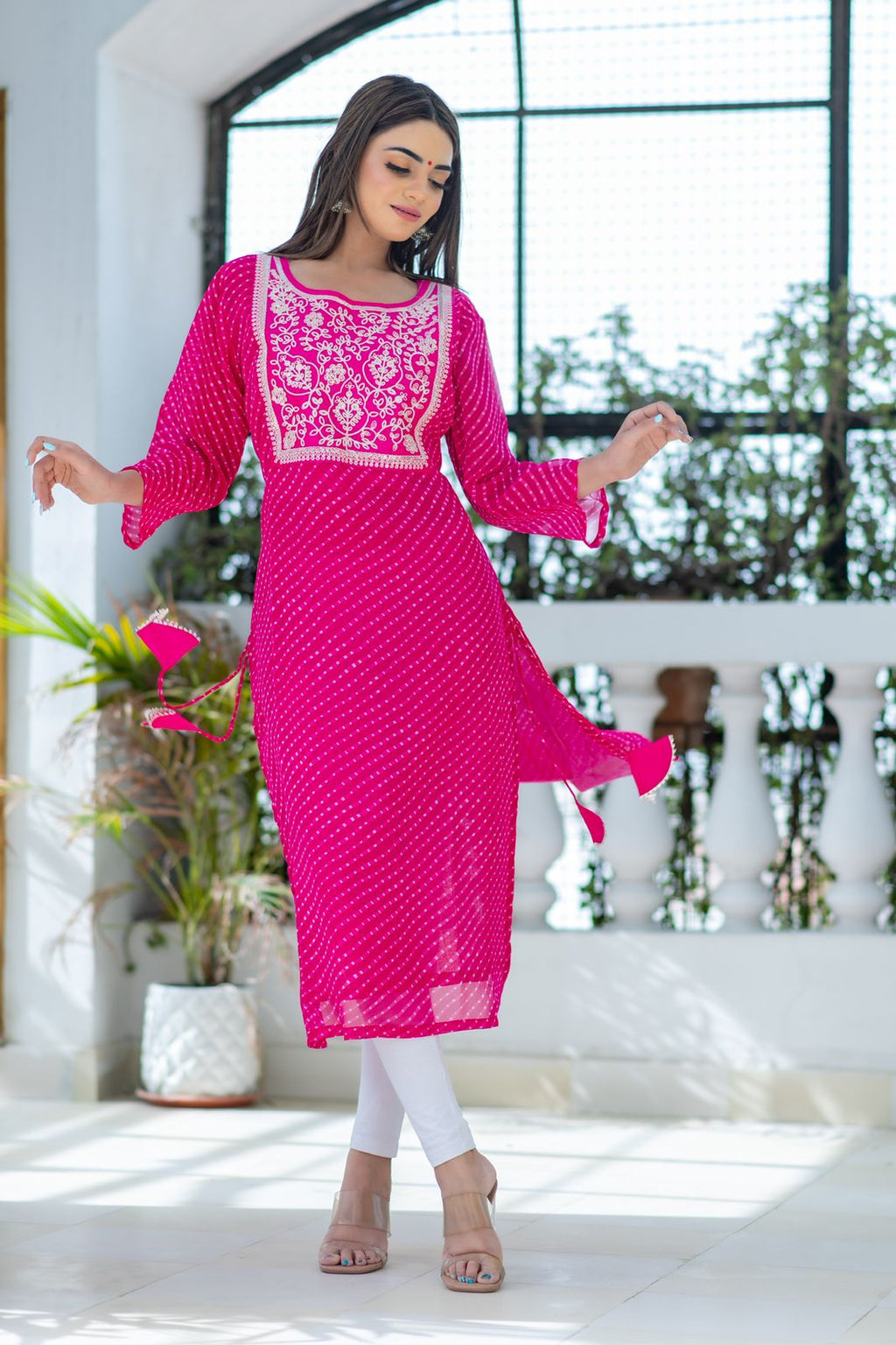 Georgette Leheriya Kurti Mothda Print Women’S Kurta With Tassels