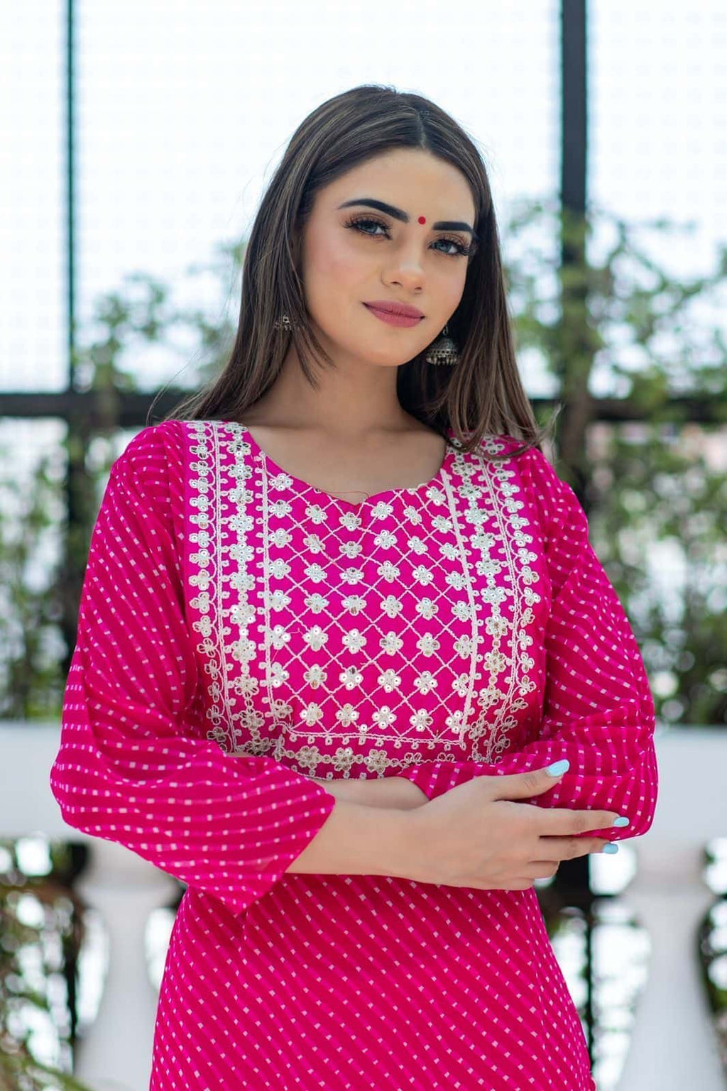 Georgette Leheriya Kurti Mothda Print Women’S Kurta With Tassels