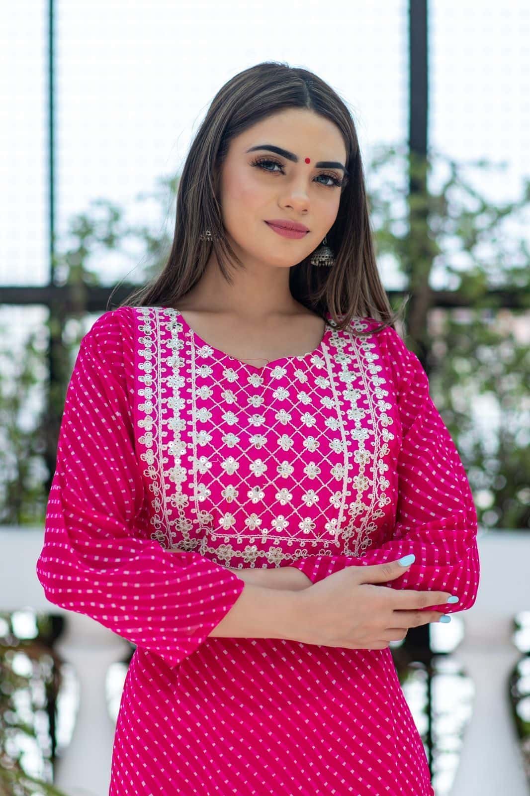 Georgette Leheriya Kurti Mothda Print Women’S Kurta With Tassels