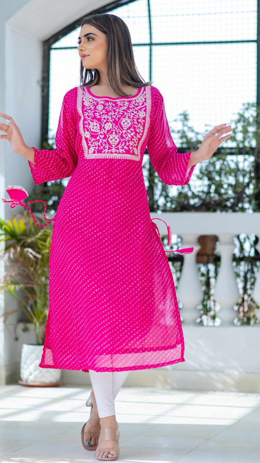 Georgette Leheriya Kurti Mothda Print Women’S Kurta With Tassels