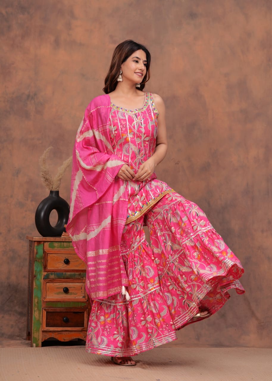 Beautiful umbrella style kurti with sharara and dupatta set
