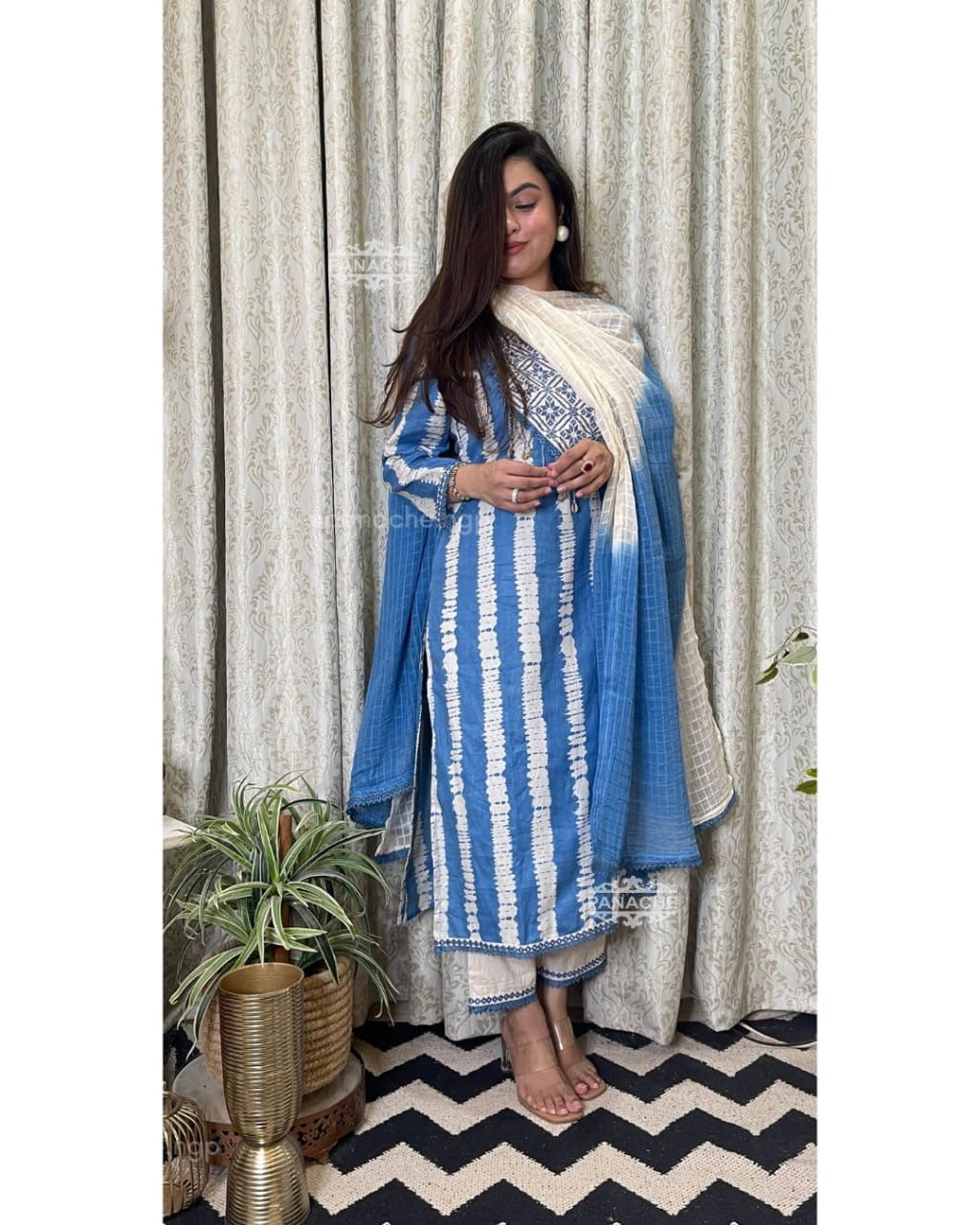 Premium Heavy Cotton Full Printed Kurti Detailed Neckline Work With Shells Or Pant Handwork & Heavy Lace With Kota doriya tye Dye Dupatta
