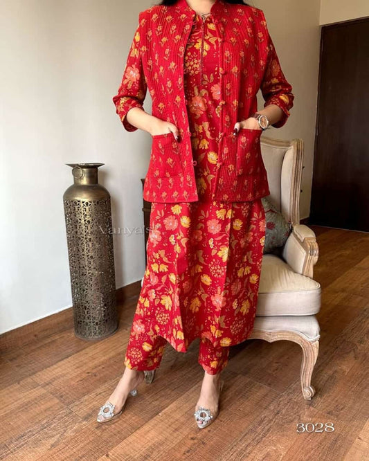 Red Kurti Pant Set With Quilted Cotton Jacket
