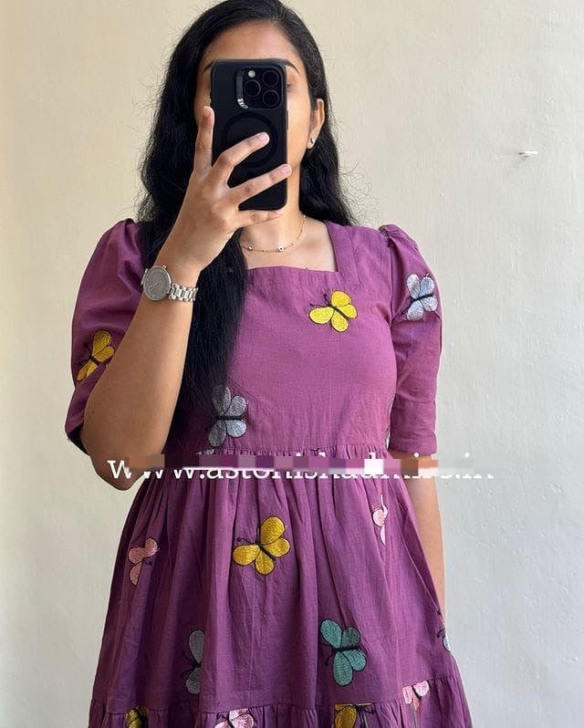 Purple embroidered butterfly Midi with stylish puff sleeves