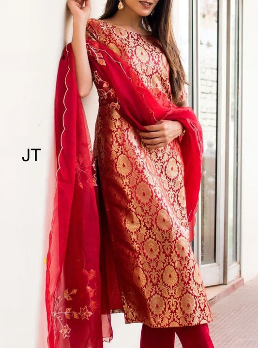 Red Banarasi Brocade Suit Set With Gota Patti Work