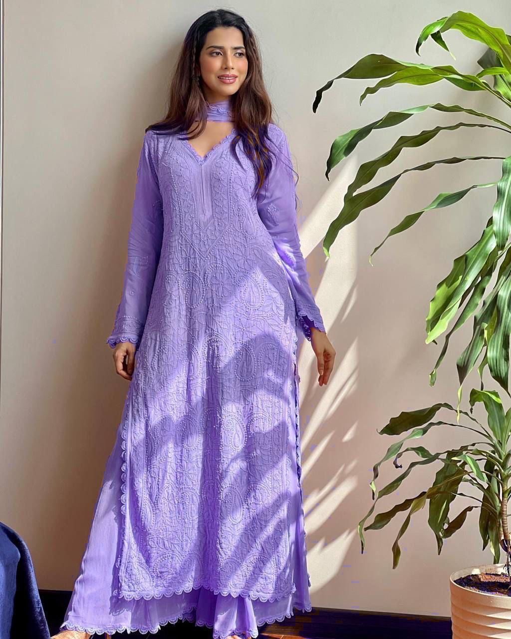 Delta fabric emblished cotton thread kurta plazzo dupatta set